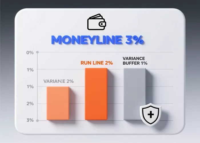 Bankroll management chart showing 3% for moneyline, 2% for run line, and 1% variance buffer allocation