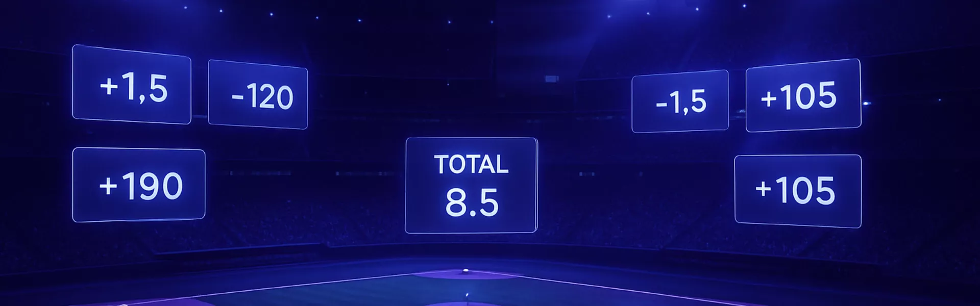 Professional baseball stadium at night with dramatic lighting and betting odds displays