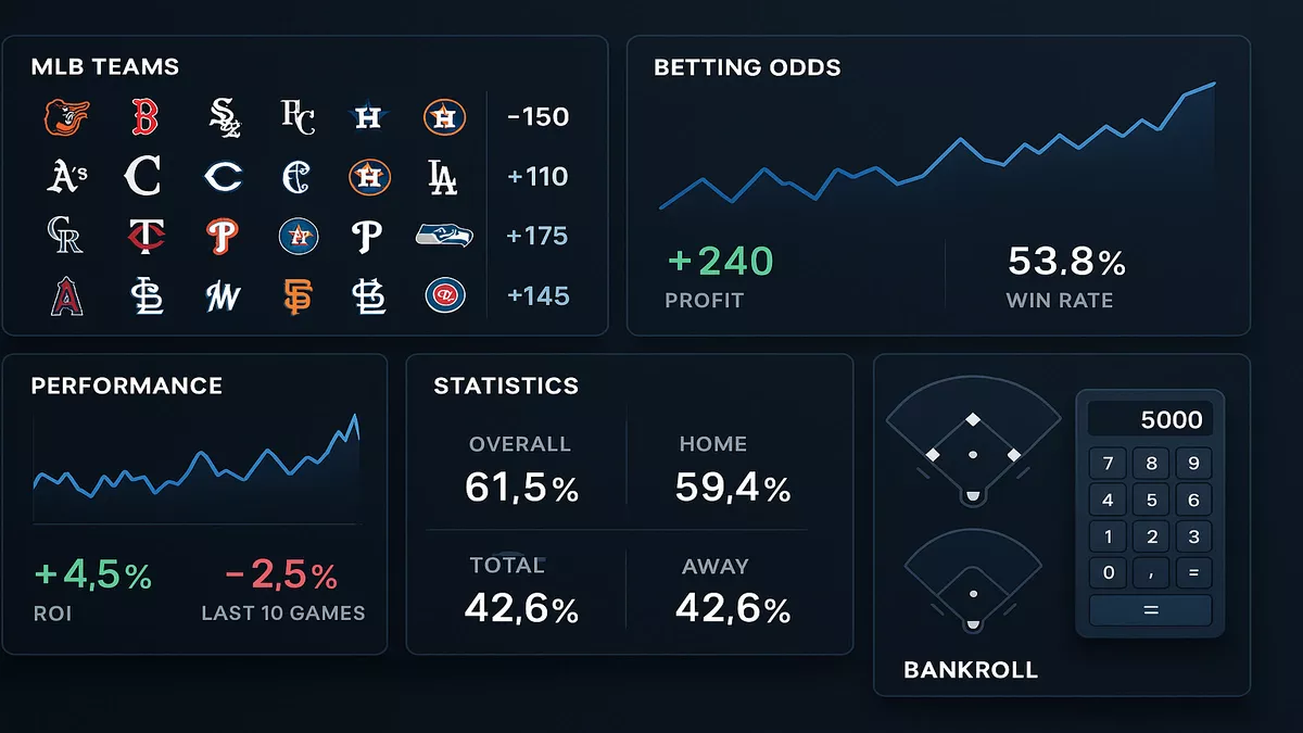 Professional baseball betting analytics dashboard showing statistics, odds, and performance charts for strategic wagering