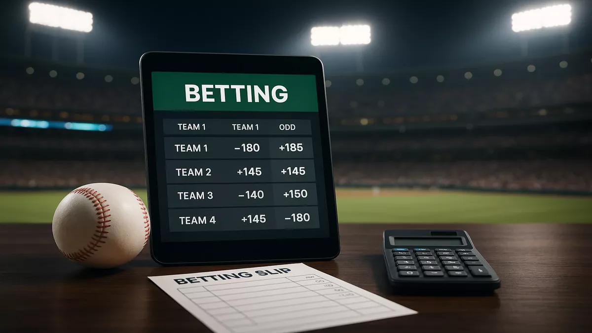 Baseball moneyline betting strategy with odds display on digital device at stadium