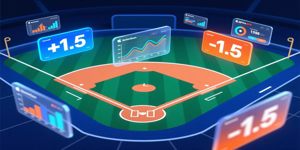 Baseball run line betting visualization showing 1.5 spread on diamond field with digital analytics overlay