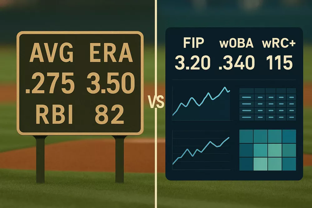 Comparison of traditional baseball statistics versus advanced analytics metrics like FIP, wOBA, and wRC+ for betting analysis