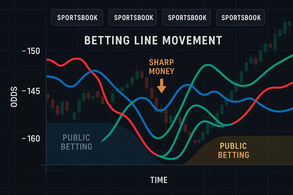 Betting line movement chart showing sharp money action and odds fluctuations across multiple sportsbooks