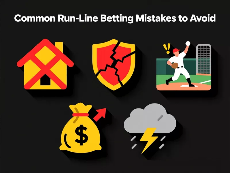 Warning icons showing five common run line betting mistakes including home favorites, false safety, bullpen neglect, chasing odds, and weather risks