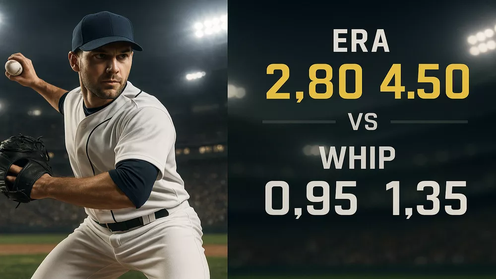 Baseball pitcher in action with statistical overlay showing ERA and WHIP comparison