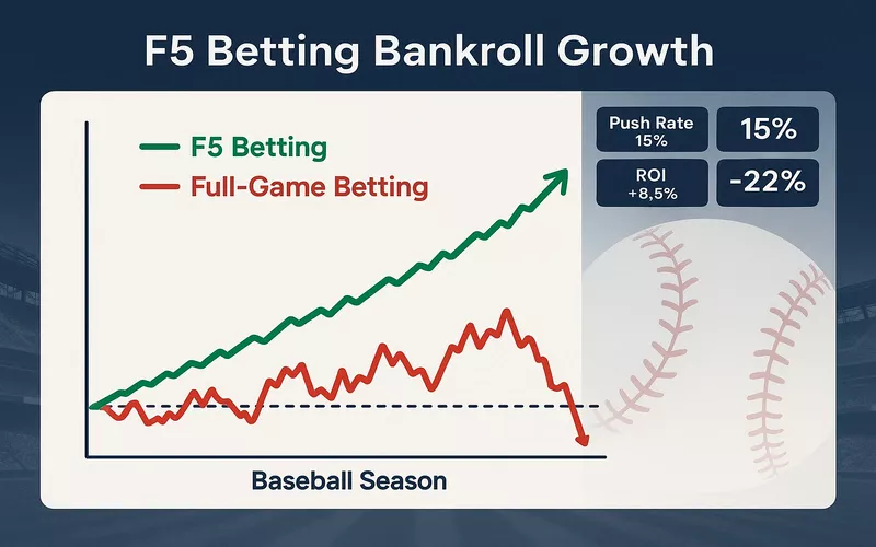 Upward trending bankroll growth chart showing F5 betting system success with reduced variance over baseball season