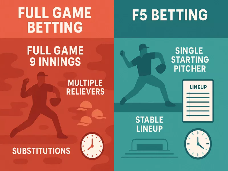Visual comparison infographic showing F5 betting versus full game betting strategies and key differences