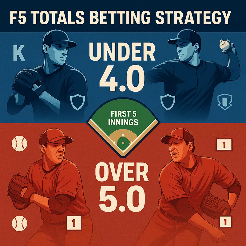 F5 totals betting strategy visualization showing over and under scenarios with ace pitchers and struggling pitchers