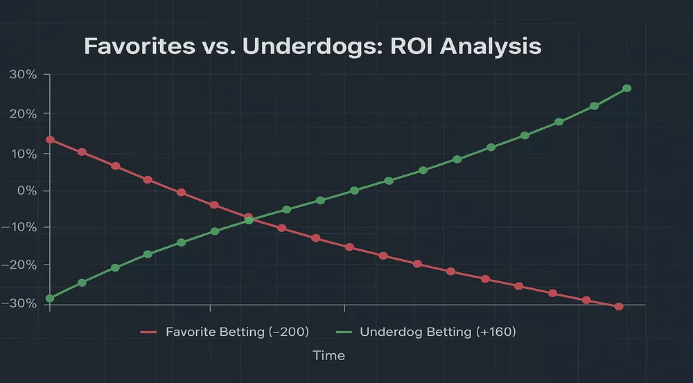 Graph showing ROI comparison between betting favorites versus underdogs over time