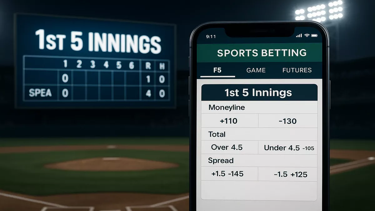 First five innings betting display on baseball stadium scoreboard with professional betting interface