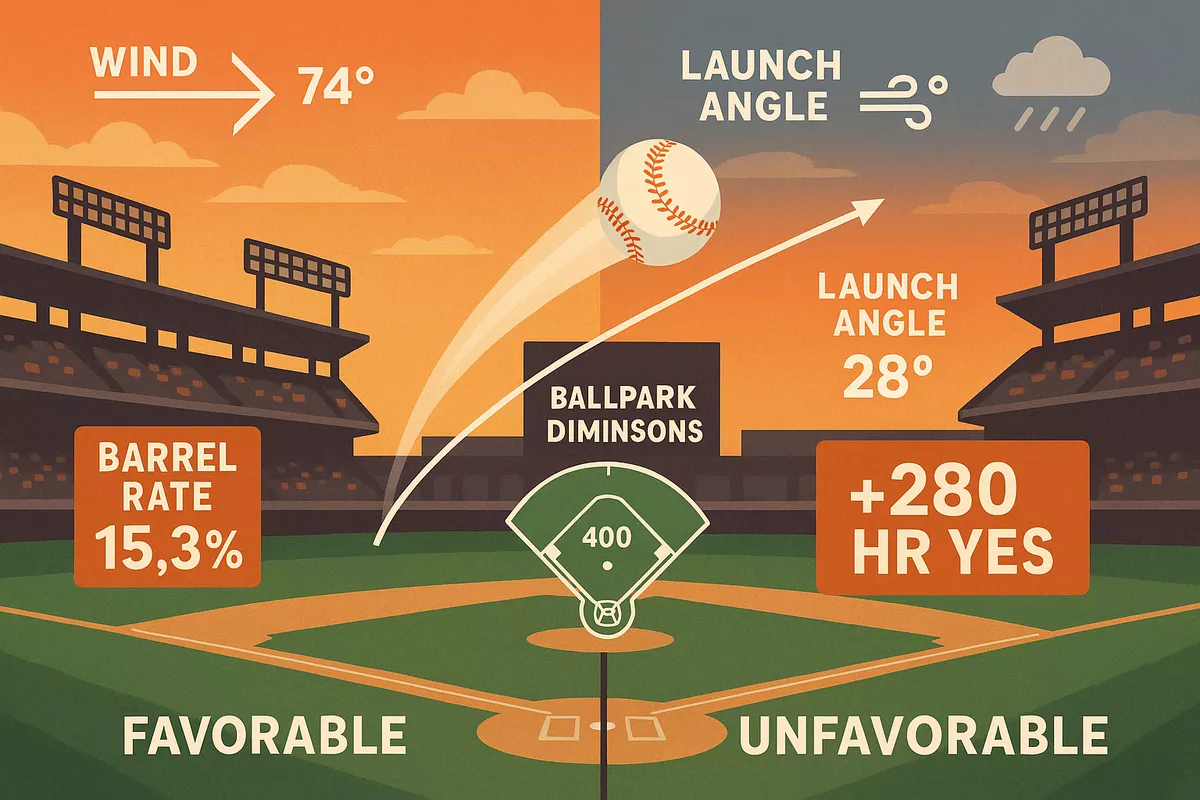 Home run prop betting strategy illustration showing ballpark dimensions, wind factors, barrel rate statistics and favorable conditions