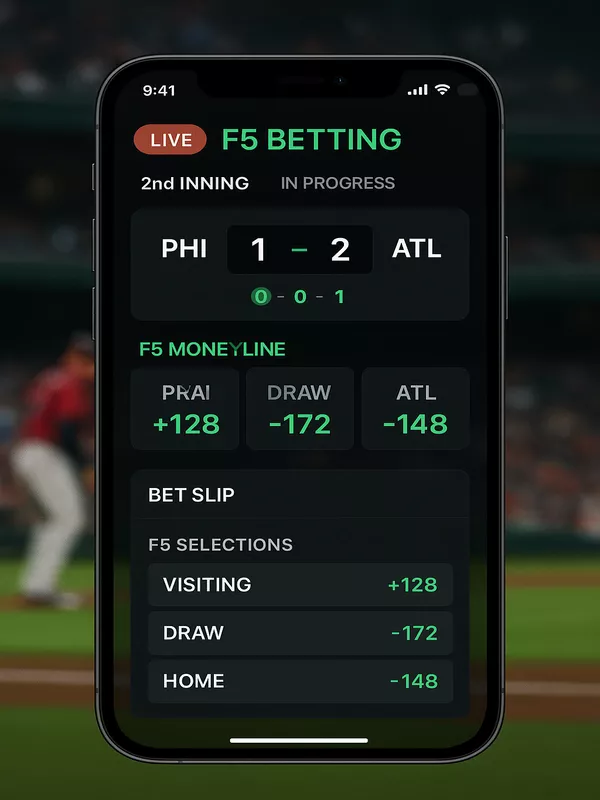 Mobile betting app interface showing live F5 betting dashboard with real-time odds and pitch count tracker