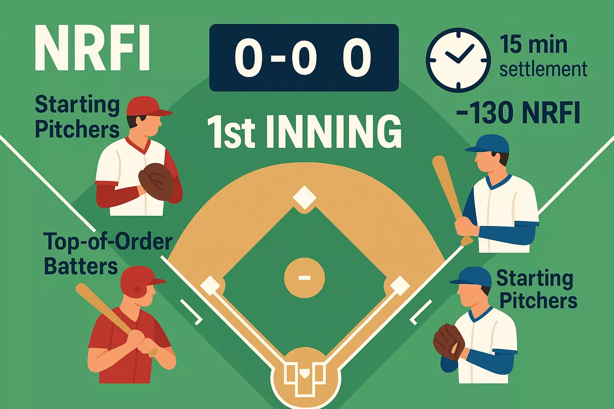 NRFI no run first inning betting strategy showing baseball diamond overhead view with scoreboard and settlement time