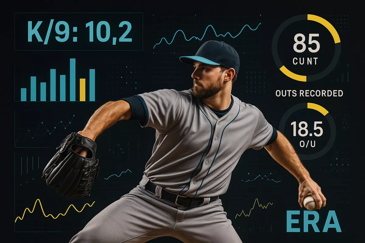 Pitcher prop betting analytics showing strikeout rates, pitch counts, and outs recorded statistics with data visualization
