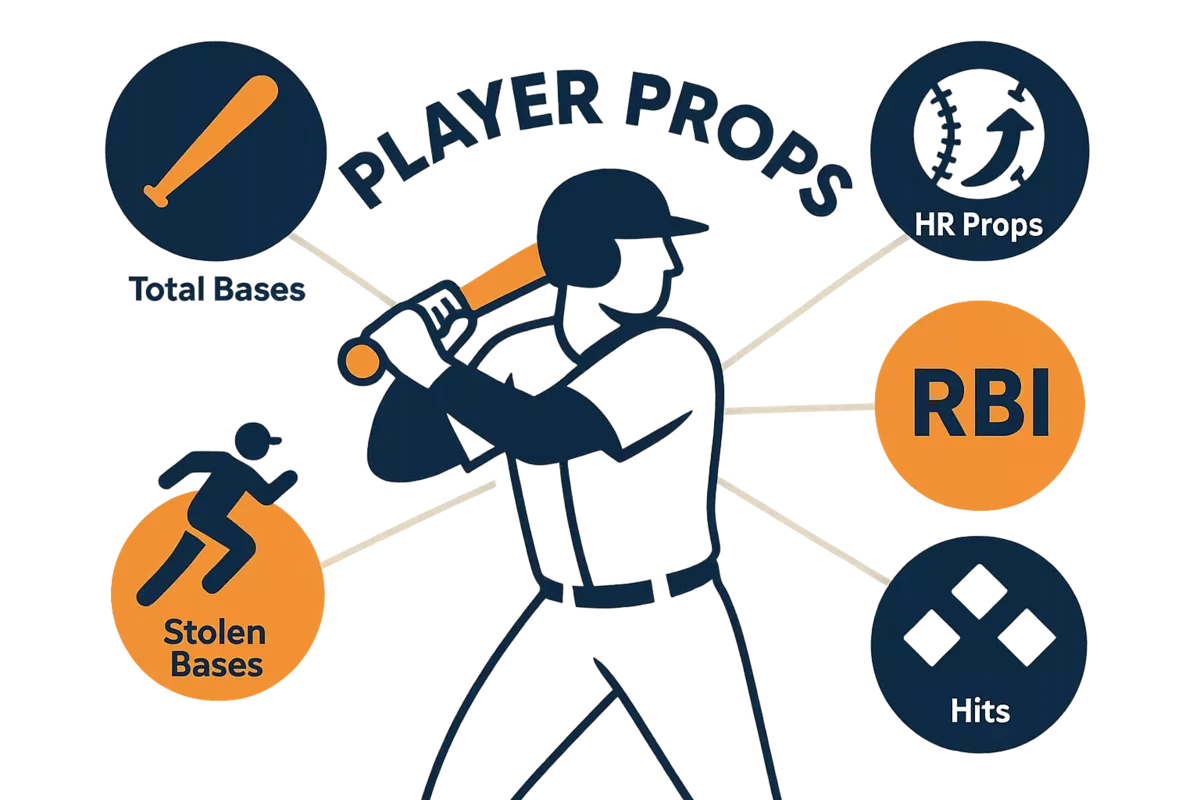Infographic showing different types of baseball player props including total bases, home runs, hits, stolen bases and RBI betting options