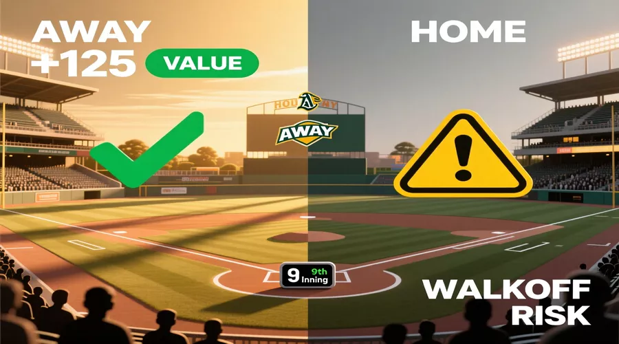 Comparison showing road favorite advantage versus home favorite walkoff risk in run line betting strategy