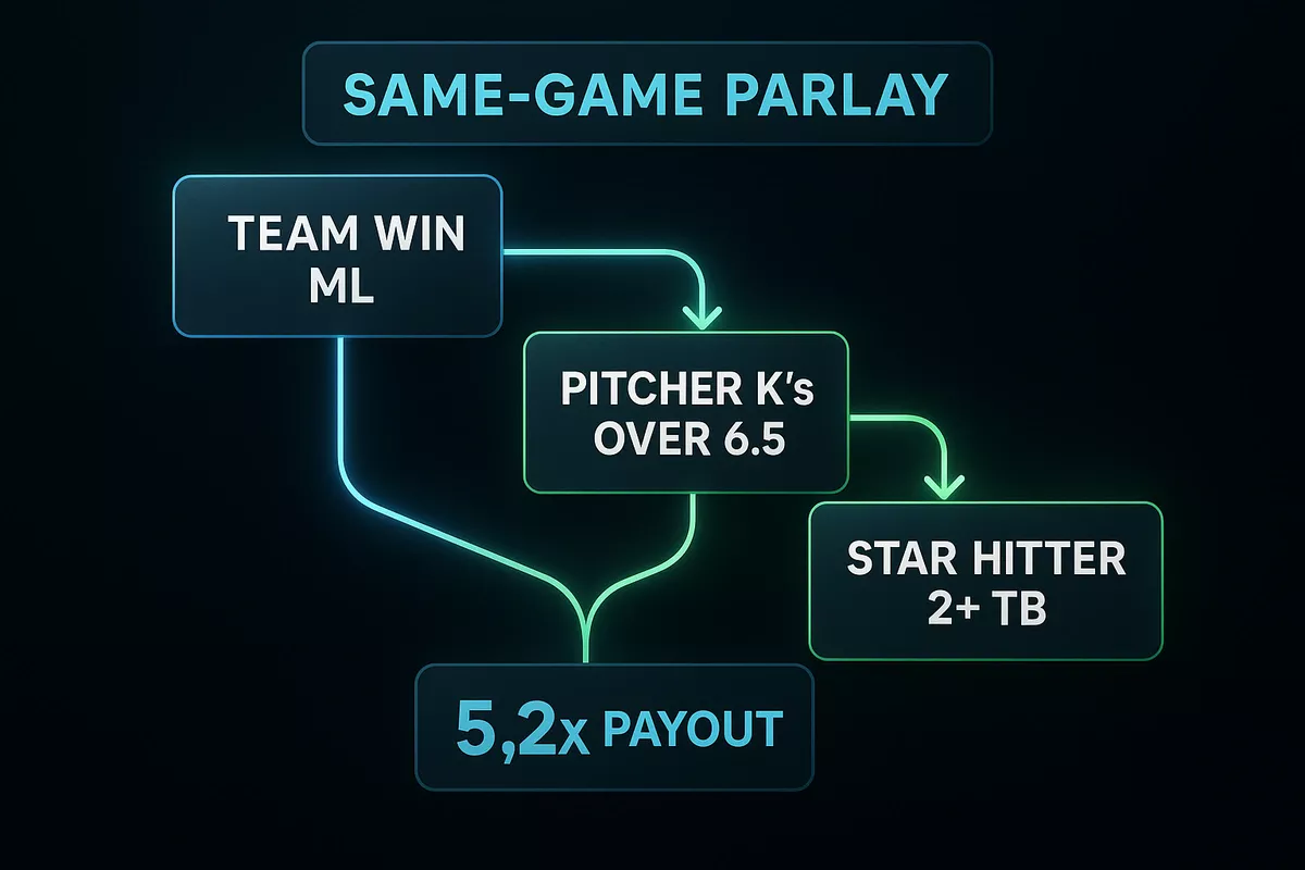 Same game parlay visualization showing correlated betting legs connected with multiplied odds and payout calculation