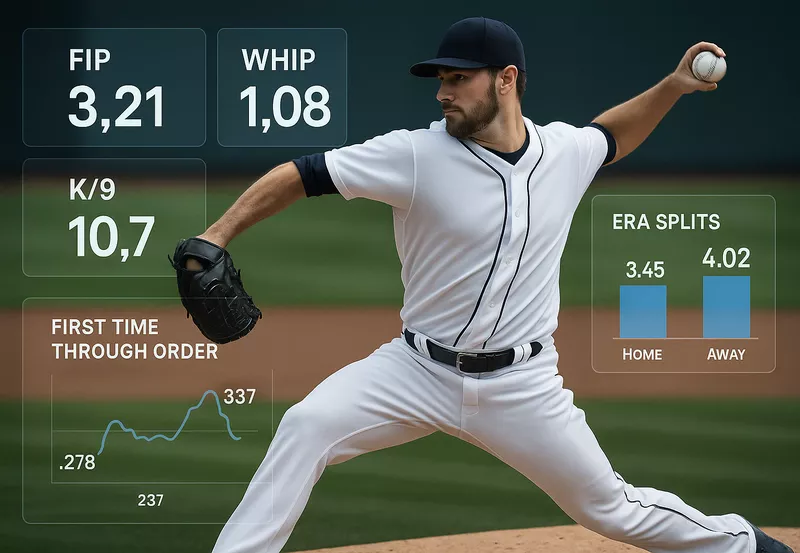 Baseball starting pitcher with advanced analytics overlay showing FIP WHIP and first time through order statistics
