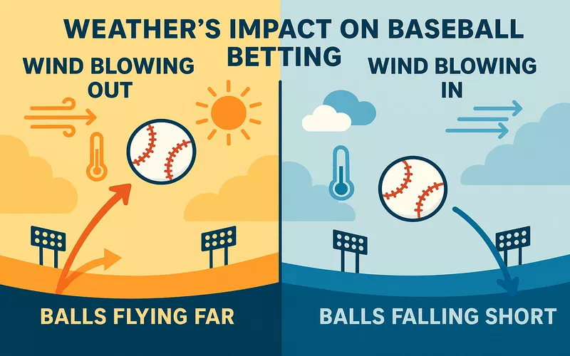 Illustration showing weather's impact on baseball betting with wind and temperature effects